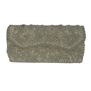 Vintage Ivory Sequin & Beaded Clutch Handbag Purse Evening Bag Made in Hong Kong